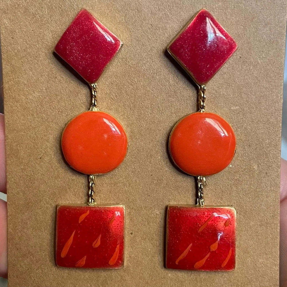 Vibrant Red and Orange Geometric Earrings